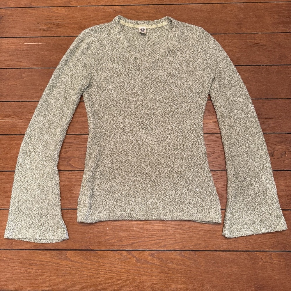 Prana Breathe Fuzzy Boucle Knit Sweater Medium Green Flare Bell Sleeve Vintage